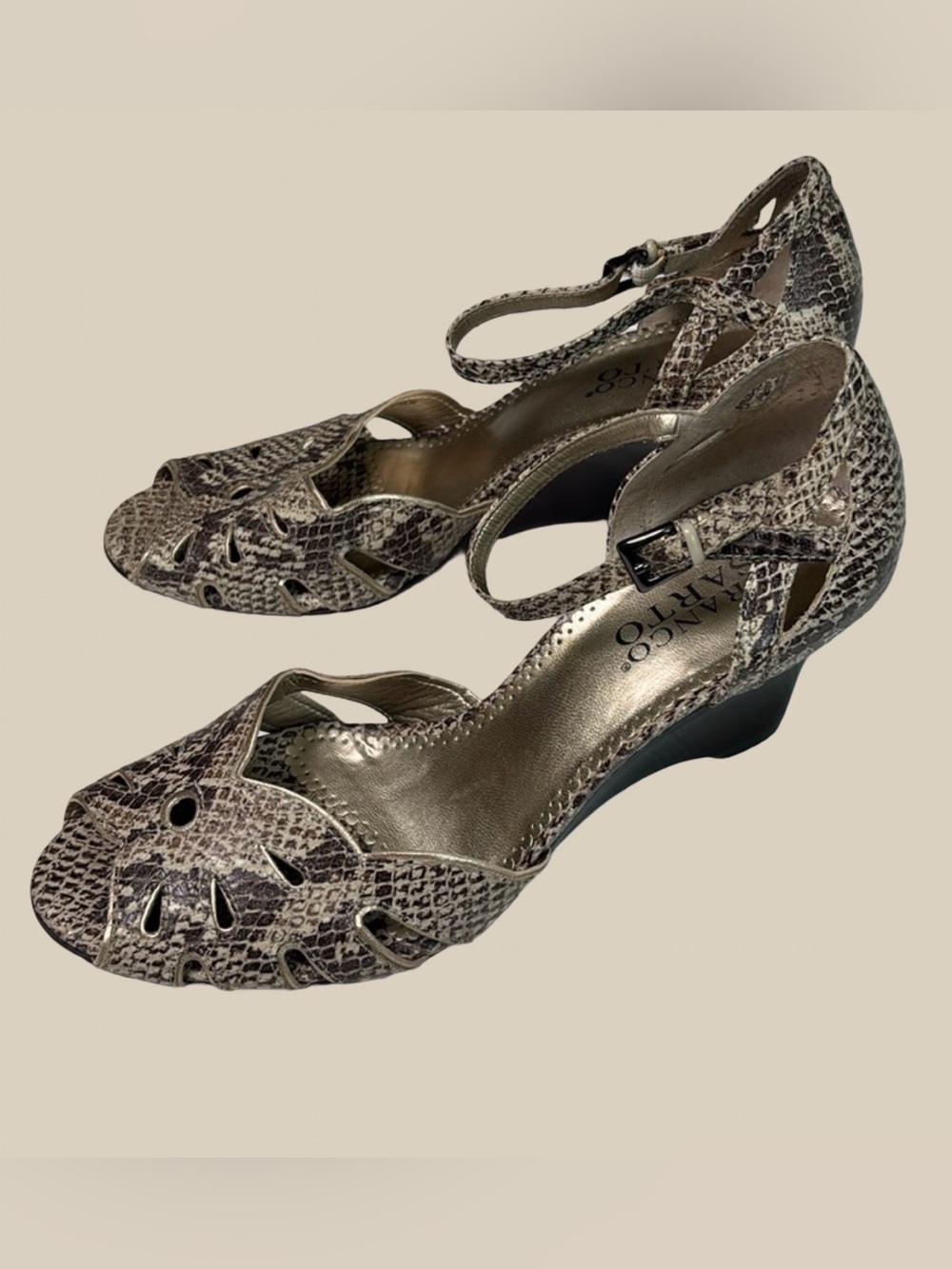 Franco Sarto Womens Snakeskin Print Cutout Peep Toe Wedge Sandals Strap 7.5M